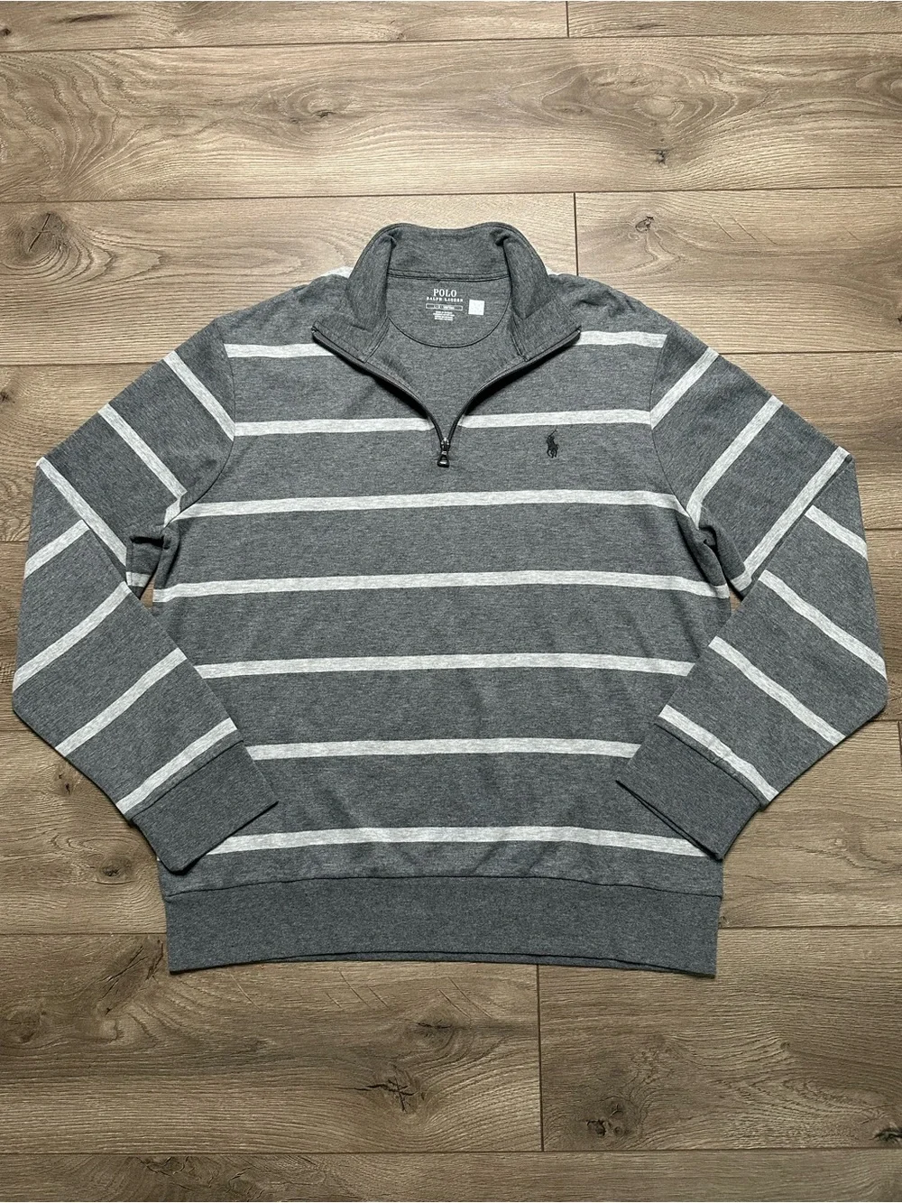 Polo Ralph Lauren 1/4 Zip Long Sleeve Pullover Top Gray Stripe Size Large